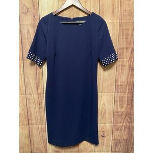 Karl Lagerfeld size 6 Navy Blue Shift Dress Polka Dot Pearl accents business